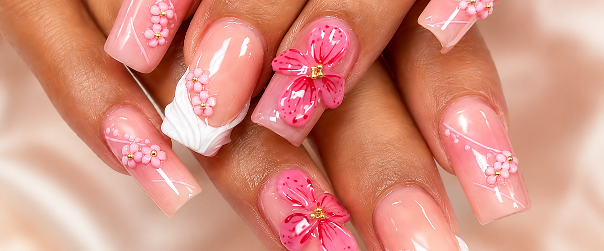Pink square acrylic nails with 3D butterfly and floral nail art by Mariana Nails in Saipan