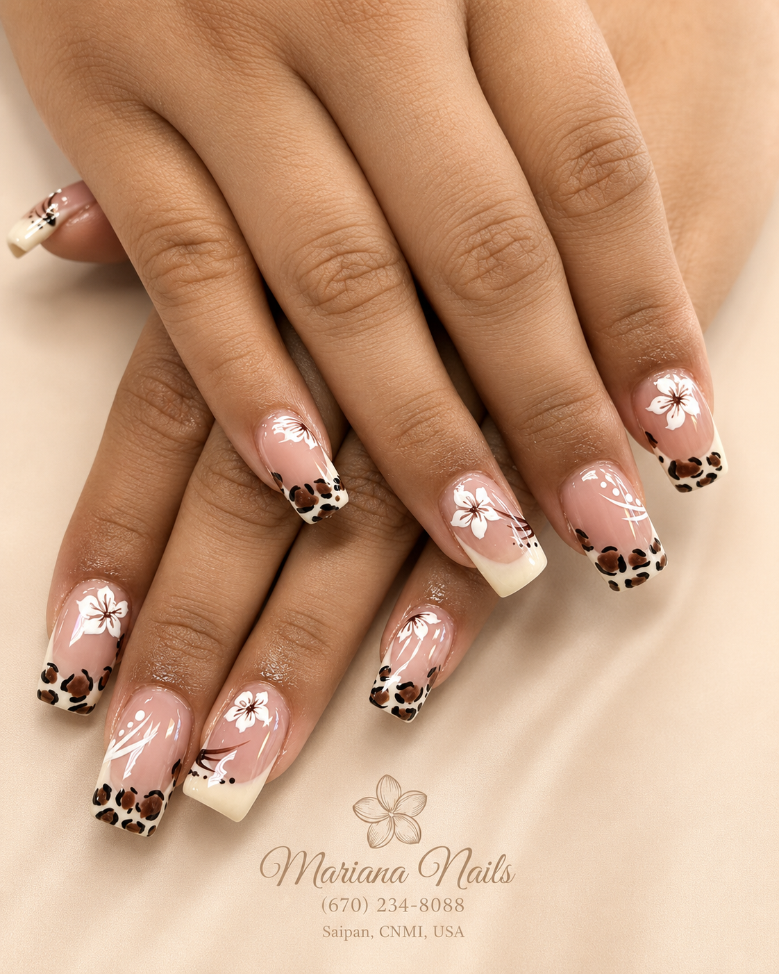 Nude pink square acrylic nails with leopard-print French tips and white floral nail art by Mariana Nails in Saipan