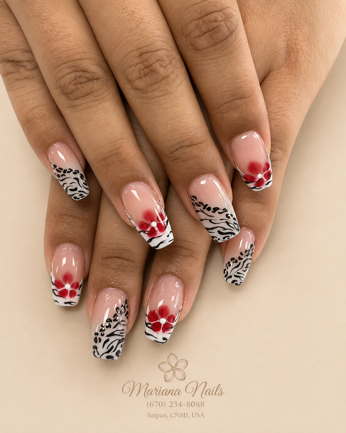 Glossy nude pink square acrylic nails with black-and-white zebra print and red floral accents by Mariana Nails in Saipan