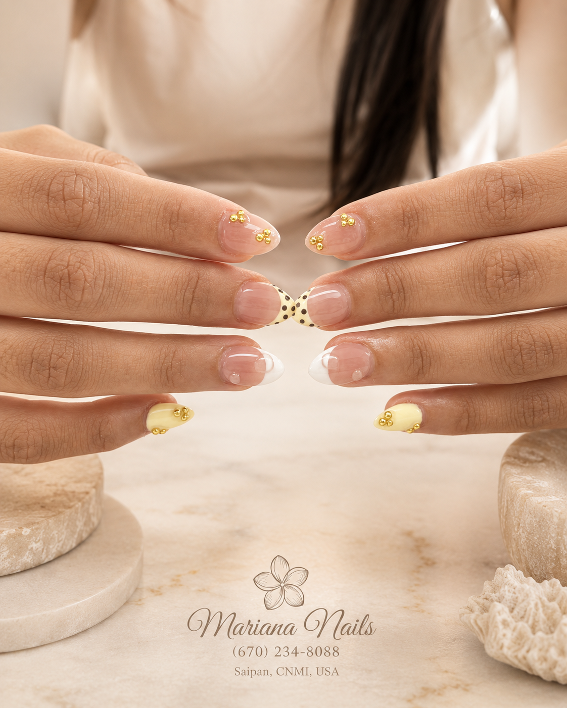 Glossy nude pink almond nails with yellow French tips, leopard-print accent and gold floral details by Mariana Nails in Saipan