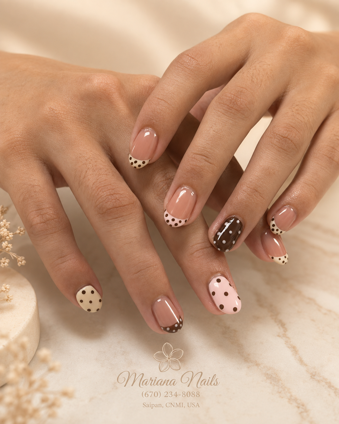 Glossy nude pink nails with brown and cream polka-dot French tips and contrasting accent nails by Mariana Nails in Saipan