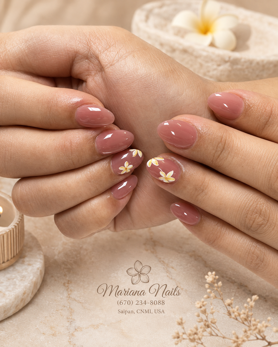 Glossy dusty-rose almond nails with delicate yellow and white plumeria flower accents by Mariana Nails in Saipan