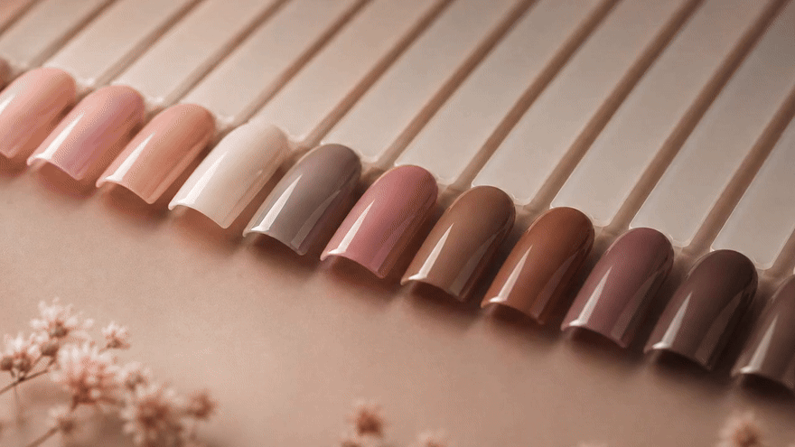 Glossy nude, pink and brown gel polish color swatches available at Mariana Nails in Saipan